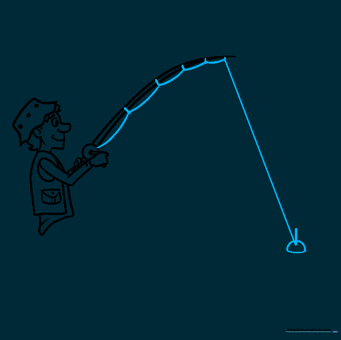 Drawing the fishing line and a floating bobber on the water.