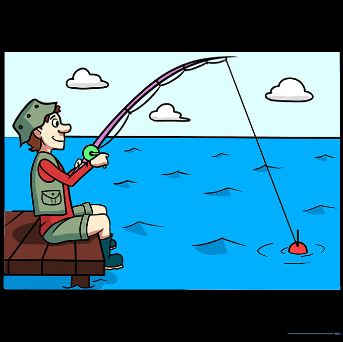A finished, colored drawing of a man fishing on a dock.