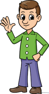 A colorful, friendly cartoon man character standing and waving.