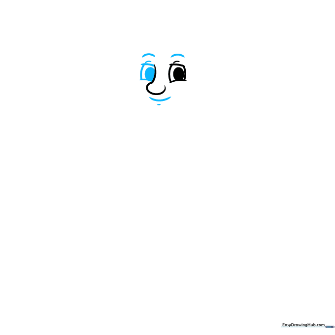 Cartoon face with eyes, eyebrows, nose, and a smiling mouth.