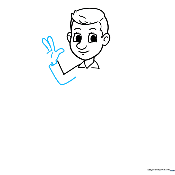 Upper body showing one arm raised in a wave.
