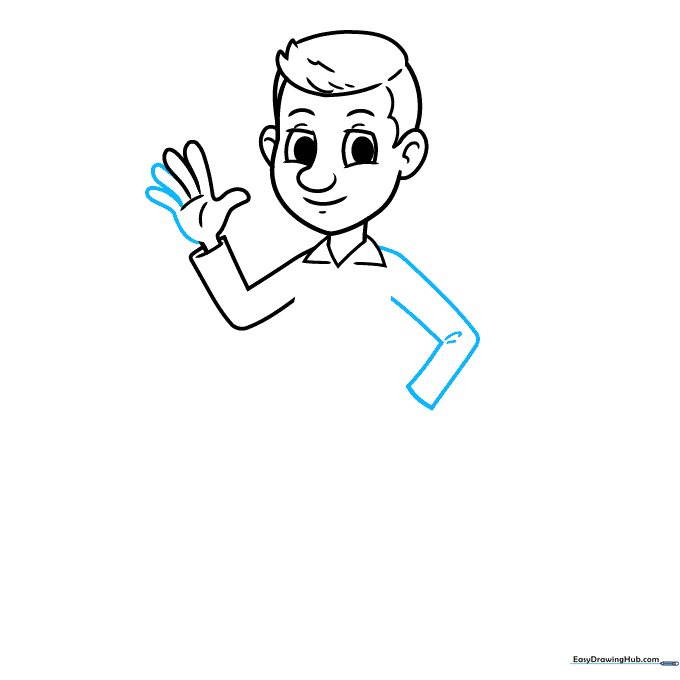 Upper body with one arm waving and one arm on the hip.