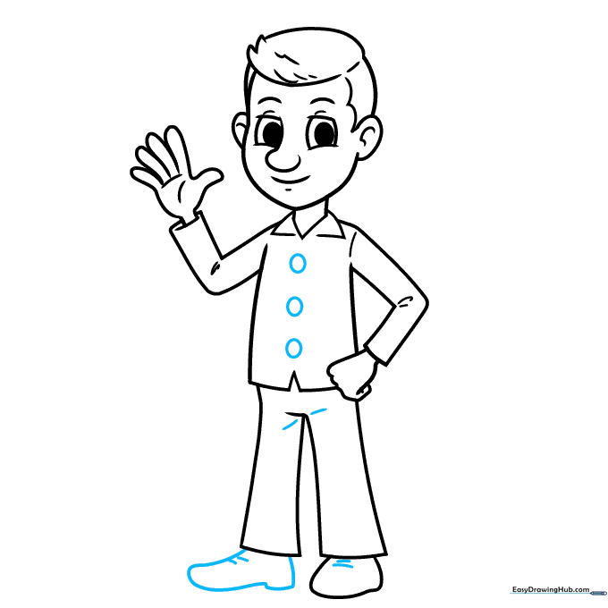 Completed line art of a cartoon man with buttons and shoe details.