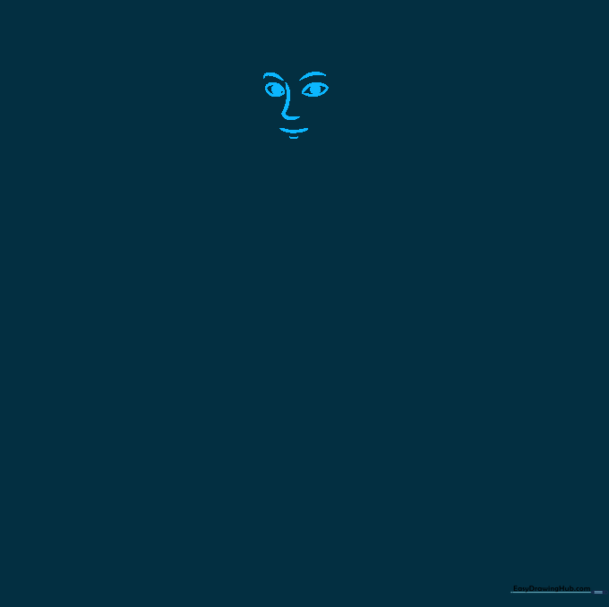 Close-up sketch of a cartoon man's face showing eyes, nose, and mouth details.