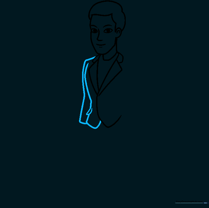 Drawing the torso outline and a small pocket on the suit jacket.
