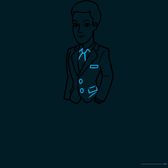 Adding a necktie and buttons to the suit jacket.