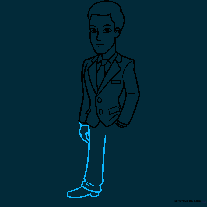 Drawing the first pant leg and shoe with fabric fold details.