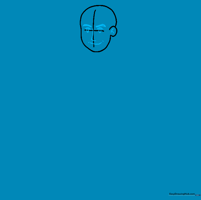 Detailed facial features including eyes, nose, mouth, and eyebrows drawn on the head guide.