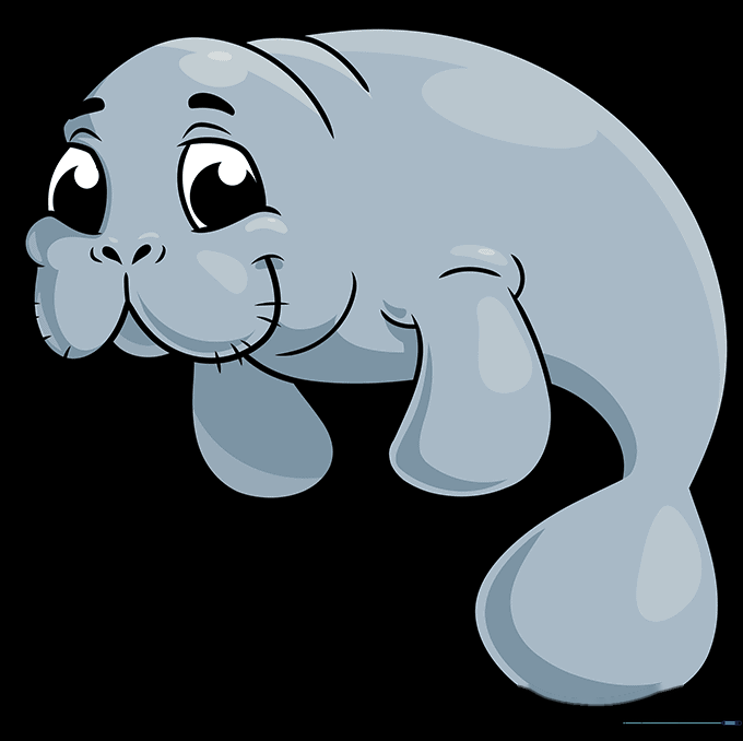 A fully colored, friendly-looking cartoon manatee.