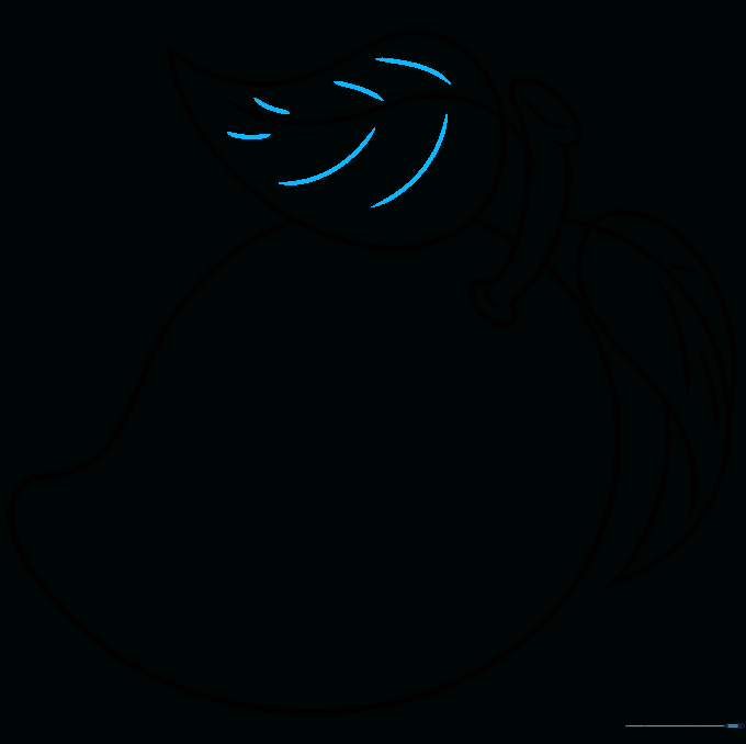 Completed line art of a mango with detailed leaves.