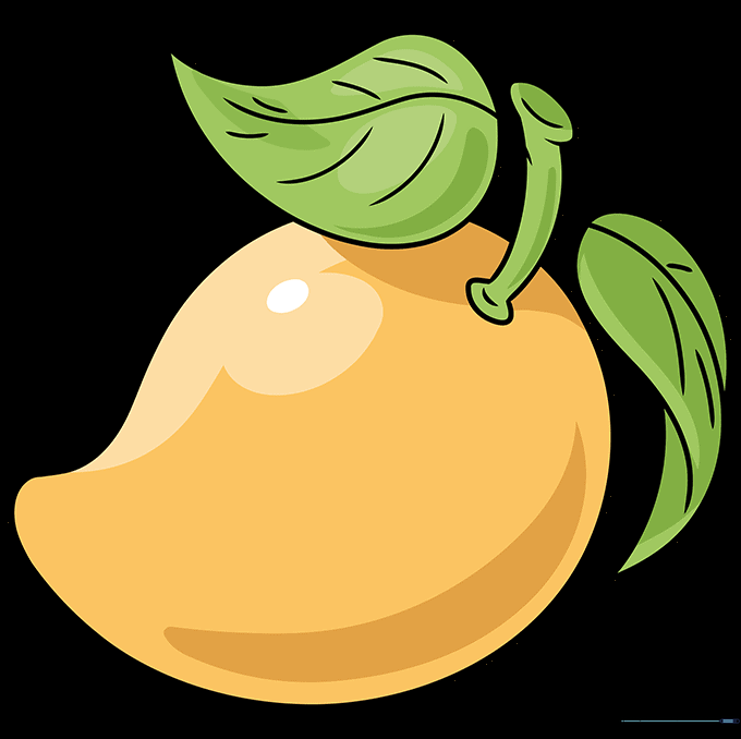 Fully colored, vibrant mango illustration with green leaves.