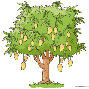 A vibrant, completed cartoon mango tree illustration.