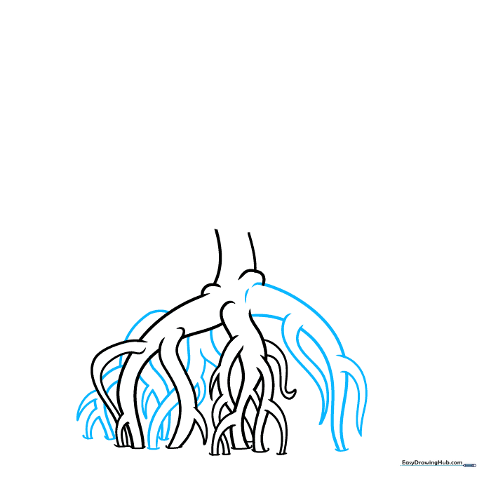 Adding complex, overlapping root structures to the base of the mangrove tree.