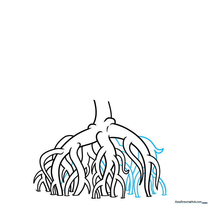 Adding depth by sketching additional root layers behind the main trunk.