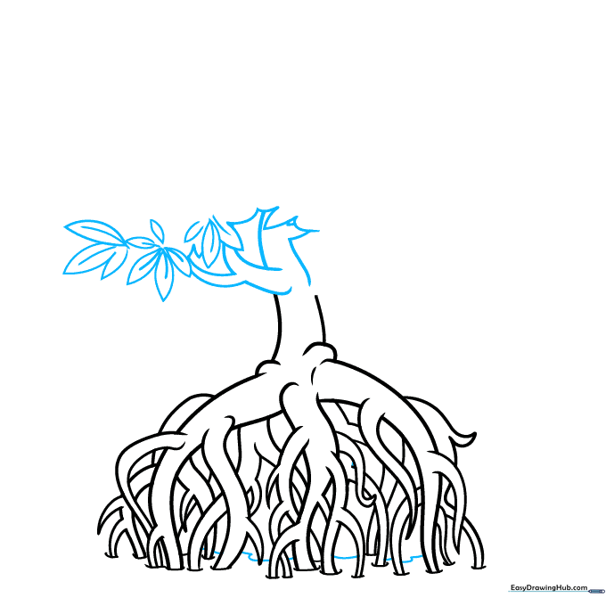 Sketching the upper branches and individual leaf shapes with center veins.