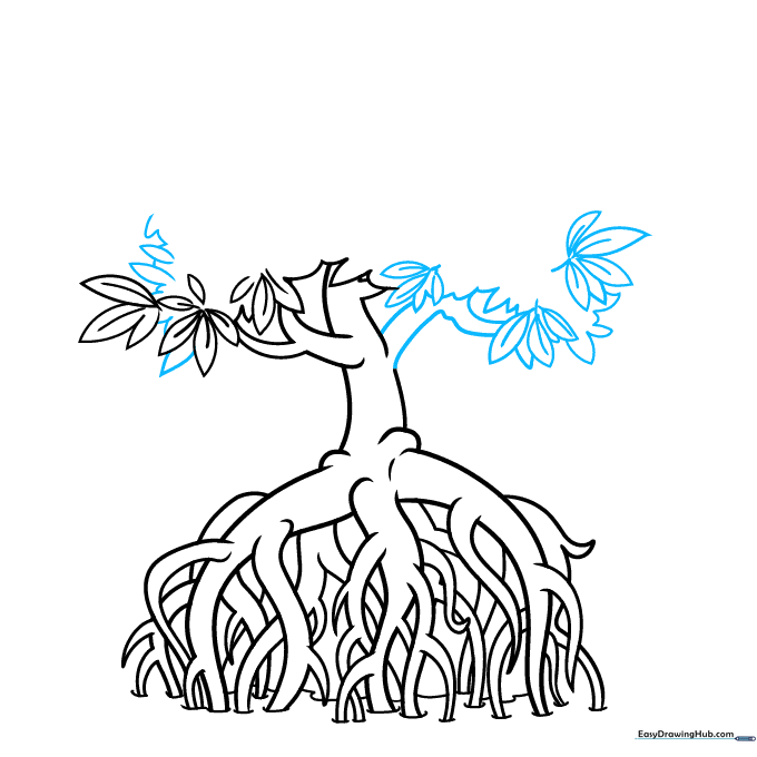 Expanding the tree canopy using jagged lines and detailed leaf clusters.