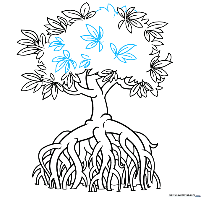 Finalizing the canopy shape and filling in gaps with extra leaves.
