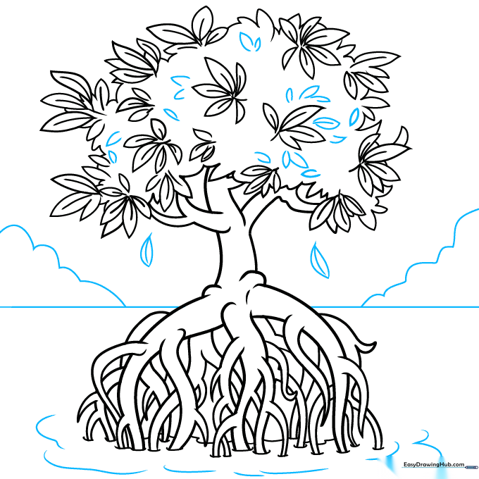 Drawing the horizon line, distant shore, and water ripples around the roots.