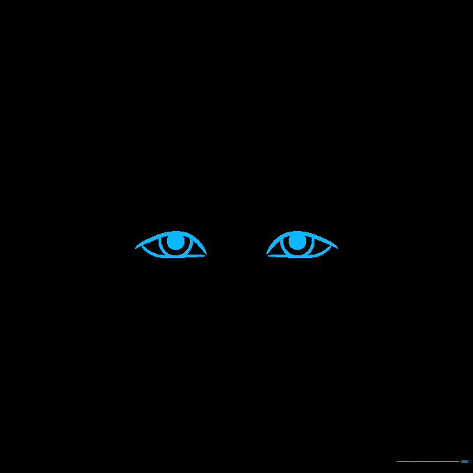 Close-up of two almond-shaped eyes with pupils being drawn on white paper.