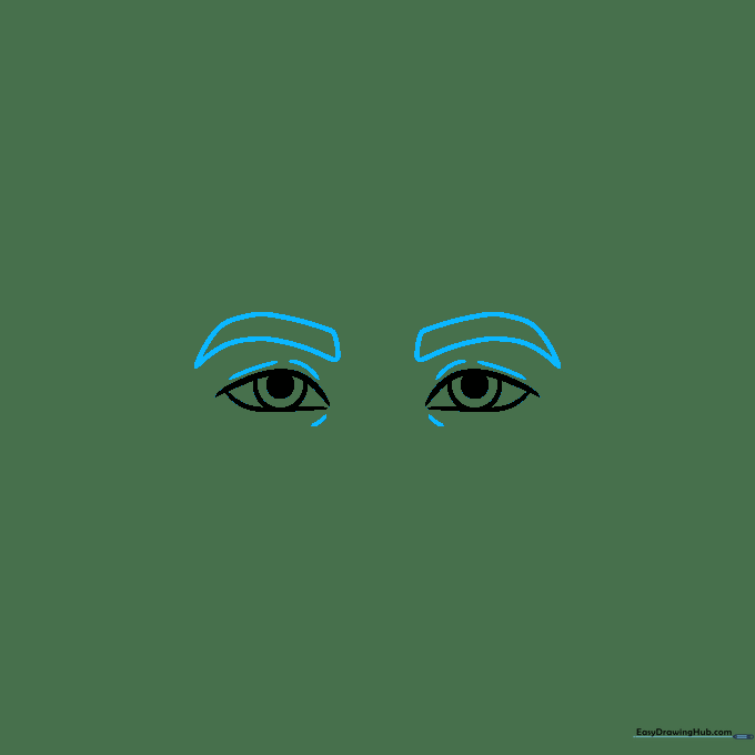 Drawing the upper eyelids and thick, expressive eyebrows above the eyes.