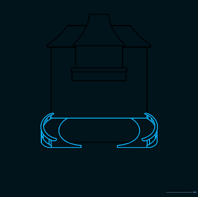 Detailed sketch of the mansion's front entrance stairs and curved banister railings.