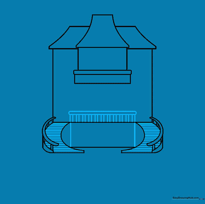 Drawing the front porch structure with steps and a roof canopy.
