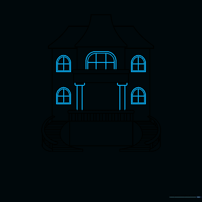 Adding architectural details like porch columns and arched windows to the mansion.