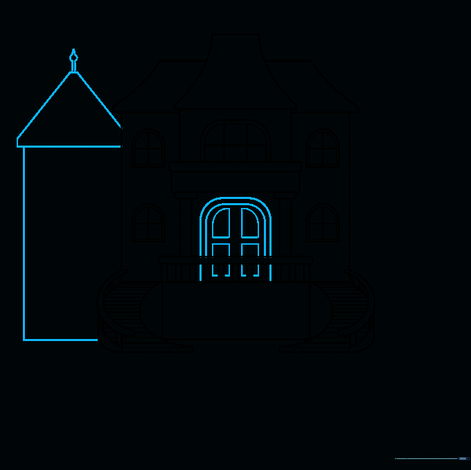 Sketching the arched front door and an additional wing on the side of the house.