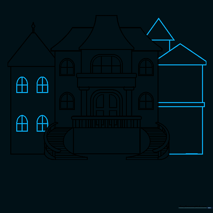 Adding more wings and roof sections to expand the size of the mansion drawing.