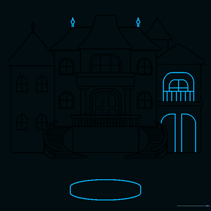 Adding balconies and the base of a fountain in the front yard.