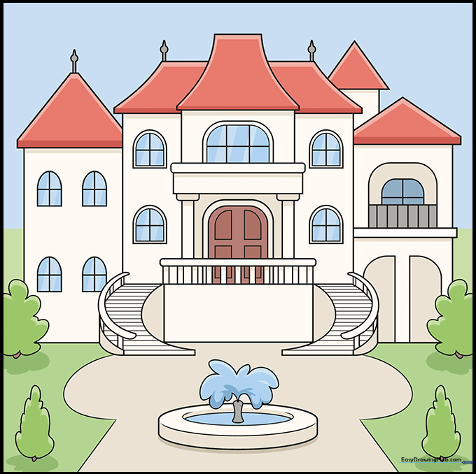 The finished, colored mansion drawing with a fountain and garden.