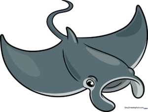 A friendly, finished manta ray illustration showing its wide wingspan and graceful swimming posture.