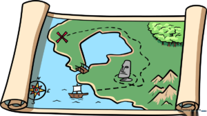 A completed, colorful hand-drawn treasure map featuring a compass, mountains, and an X marks the spot.