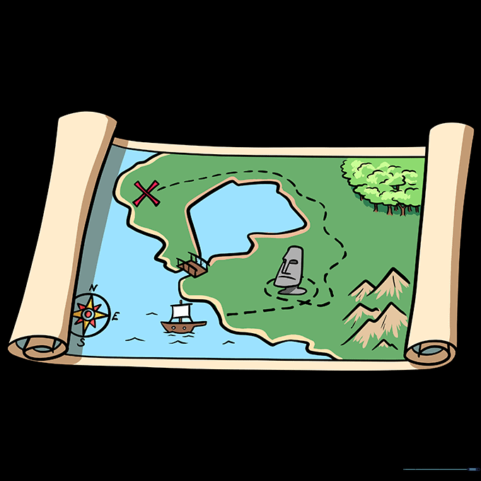 Final colored treasure map with parchment, blue ocean, and green forest details.