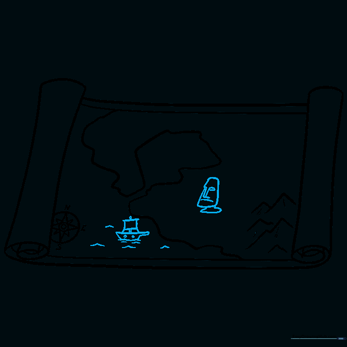 Adding a stone statue head and a small sailing ship with waves to the map.