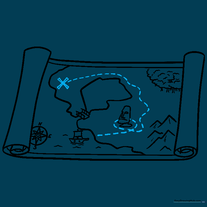 Drawing a dotted path leading to a large X on the treasure map.