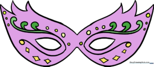 A vibrant, finished Mardi Gras mask drawing with purple, green, and gold accents.