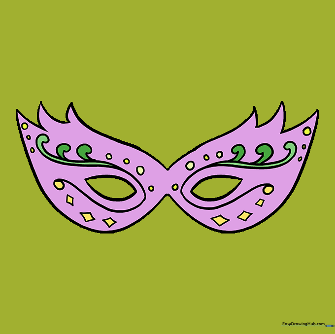 Final colored Mardi Gras mask using purple, yellow, and green markers.