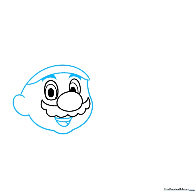 Drawing the outline of Mario's face, cap brim, and expressive eyebrows.