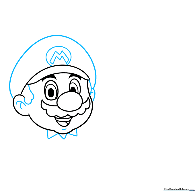 Adding the final details to Mario's hat, including the M logo and shirt collar.