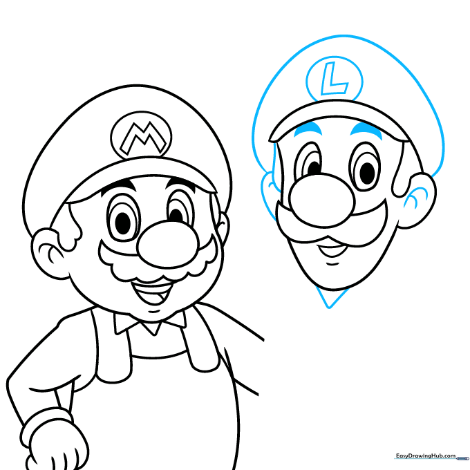 Completing Luigi's hat with the L logo and refining his facial features.