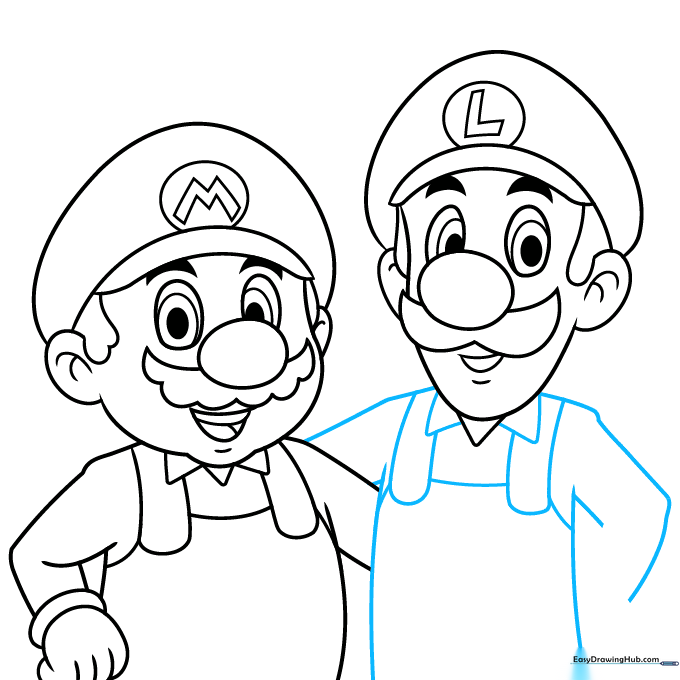 Drawing the torso and overall straps for Luigi.