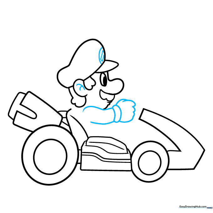 Adding the letter M to the hat and drawing Mario's hand on the steering wheel.