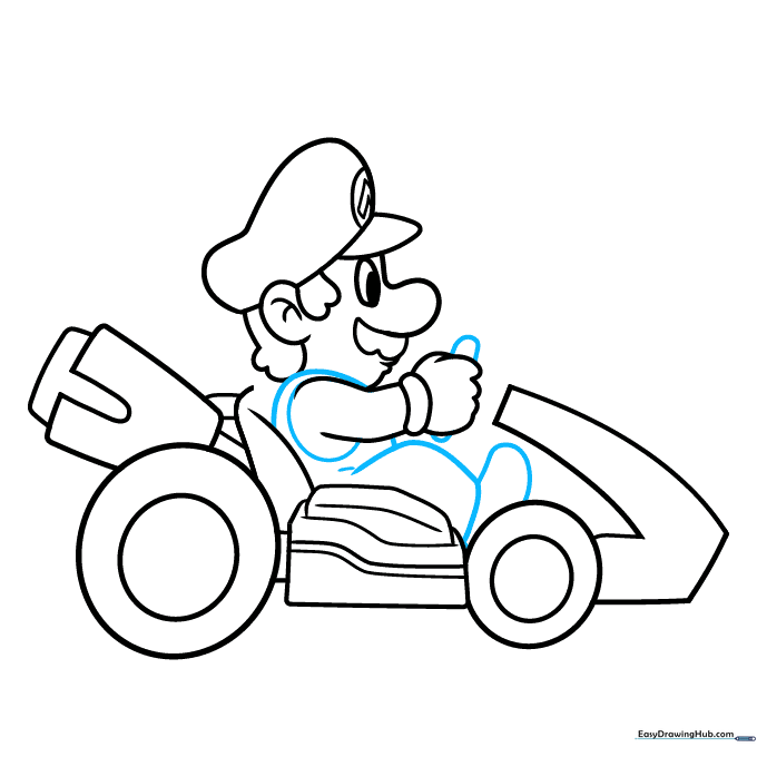 Sketching Mario's body position inside the kart seat.