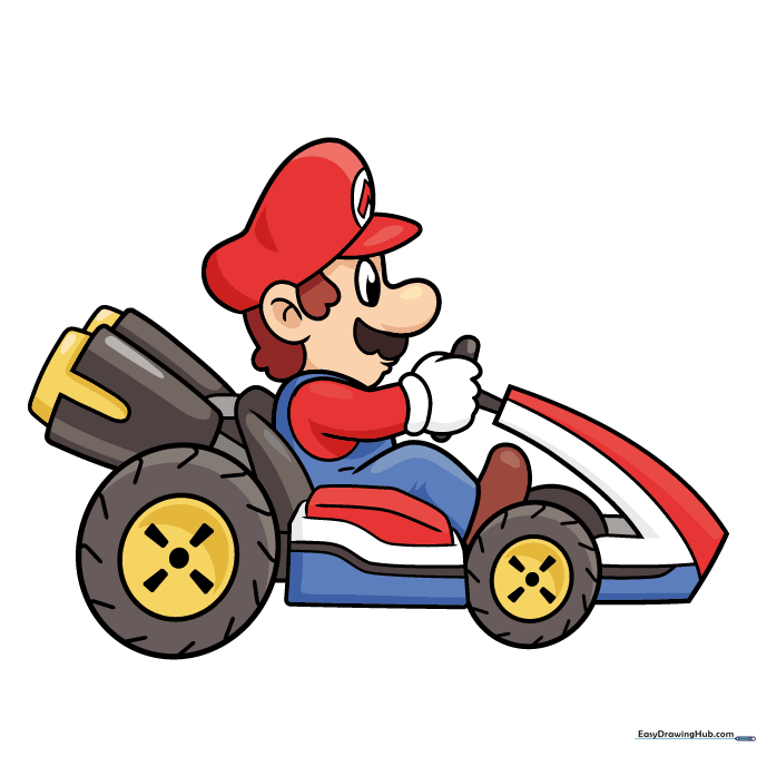 Finished, colored drawing of Mario in his racing kart.