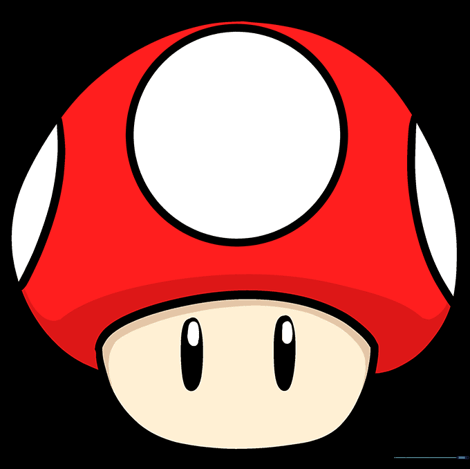 A fully colored Mario mushroom with a red cap, white spots, and a tan stem.