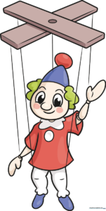 A colorful, finished drawing of a marionette puppet with strings and a control bar.