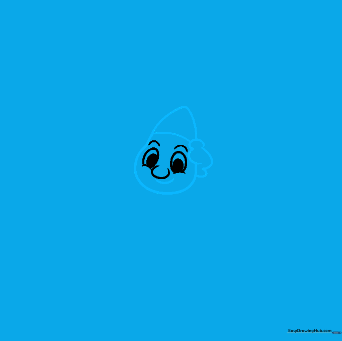 Drawing the outline of a puppet's head with hair, hat brim, and a smiling mouth.