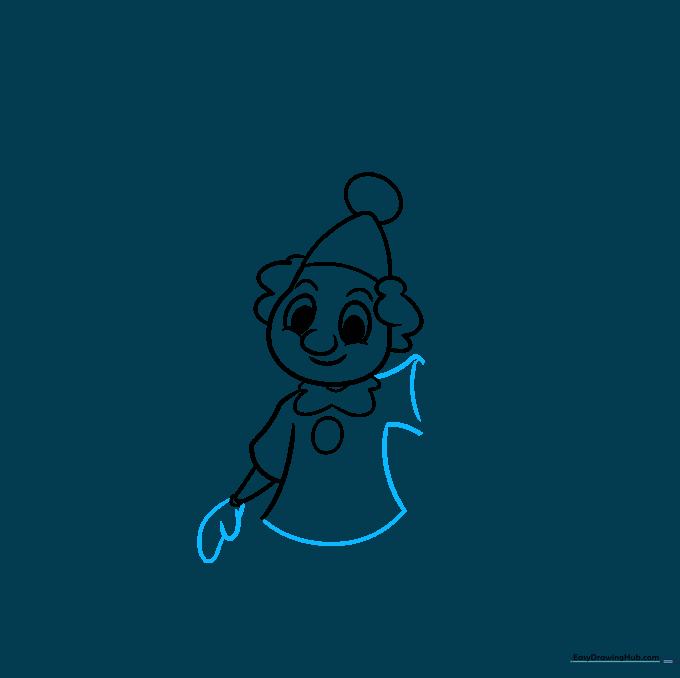 Drawing a simple mitten-shaped hand and finishing the shirt outline.