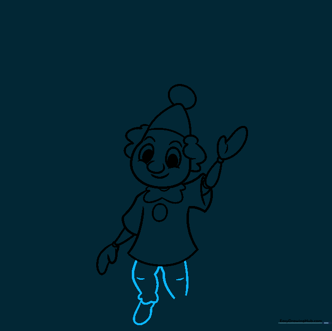 Drawing the legs, knees, and shoes of the marionette puppet.